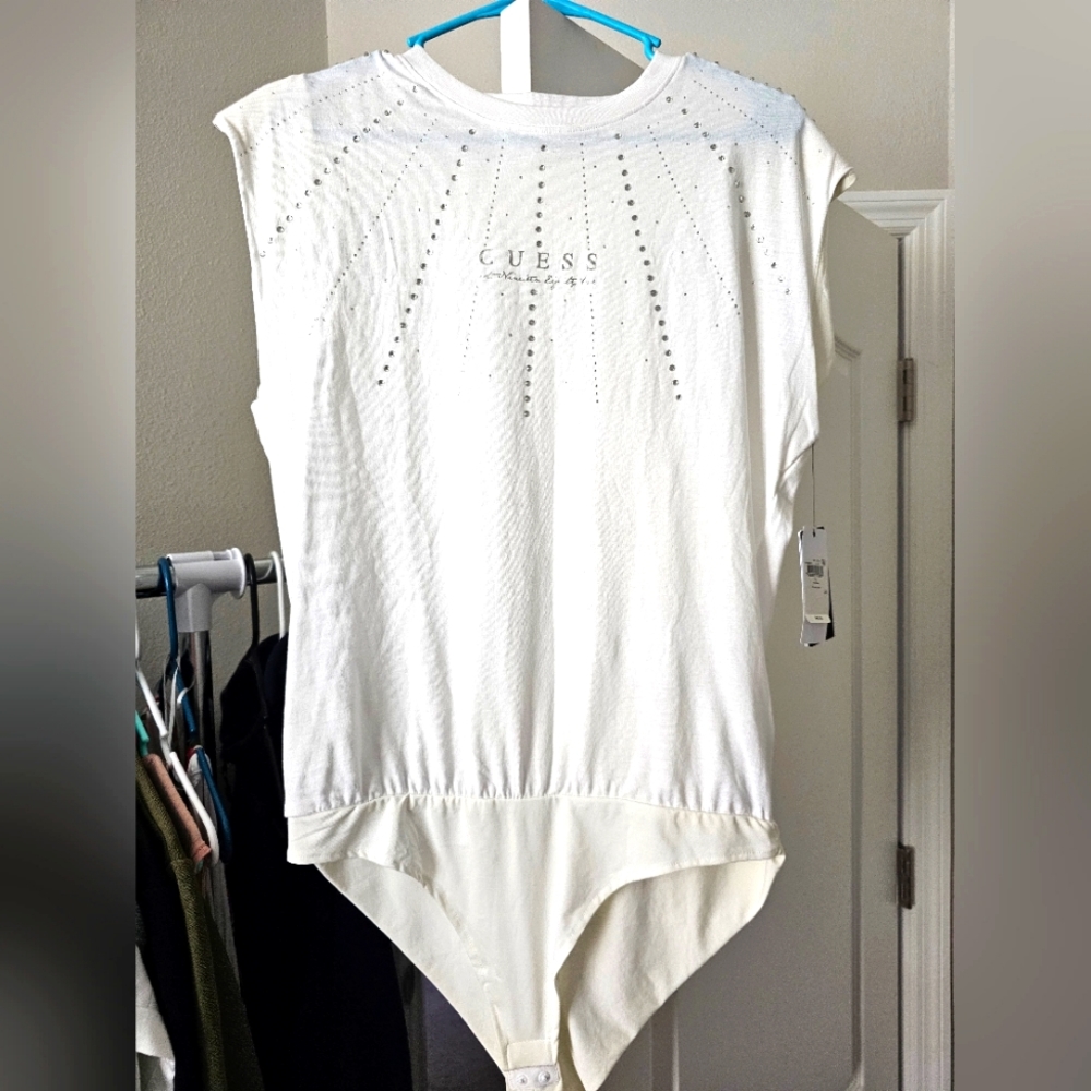 GUESS womens Sleeveless Geliana Bling Logo Bodysuit w Rhinestones